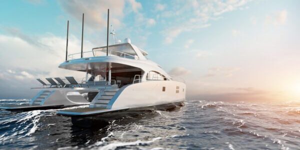 Luxury motor yacht on the ocean at sunset